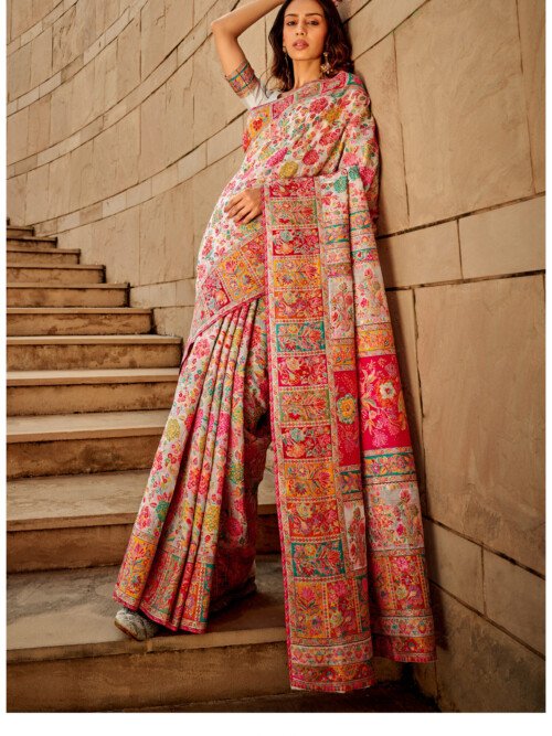 White Multicolor Kashmiri Saree