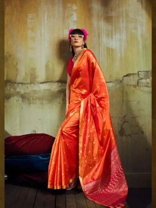 Banarasi-saree Orange Banarasi Silk Handloom Weaving Saree