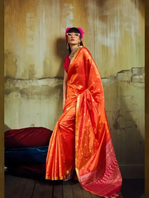 Orange Banarasi Silk Handloom Weaving Saree