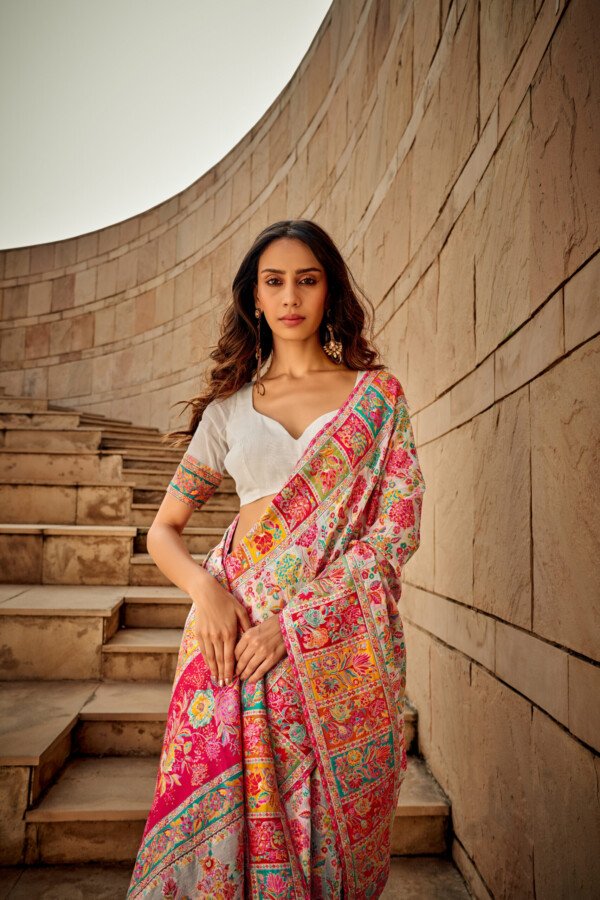 White Multicolor Kashmiri Saree