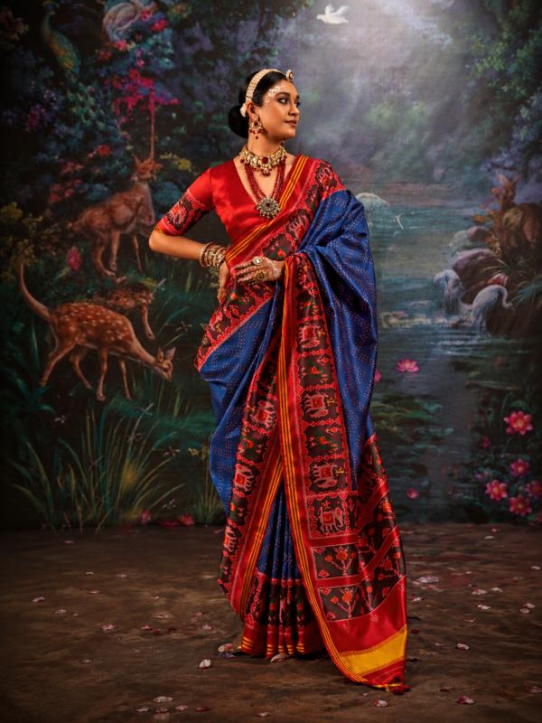 Royal Blue & Crimson Red Patola Silk Saree with Intricate Ikat Weave