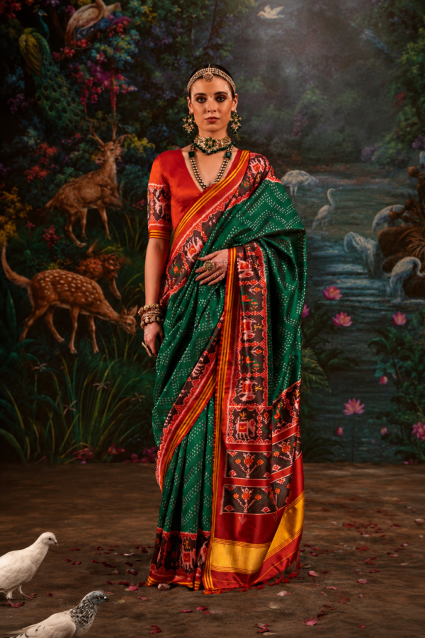 Emerald Green & Red Traditional Patola Saree