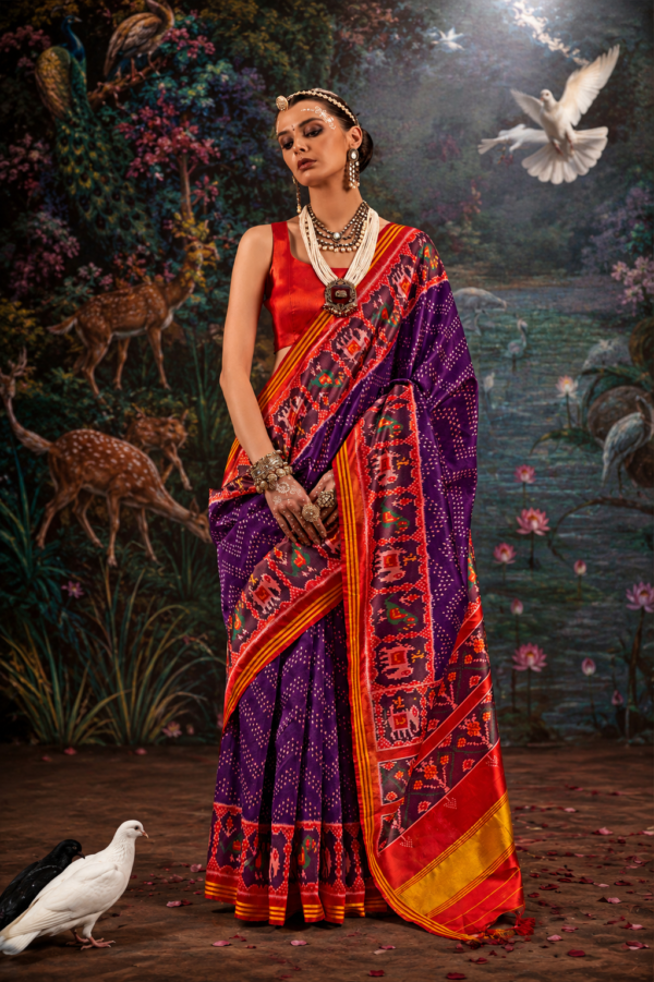 Royal Purple & Crimson Red Patola Silk Saree with Intricate Ikat Motifs