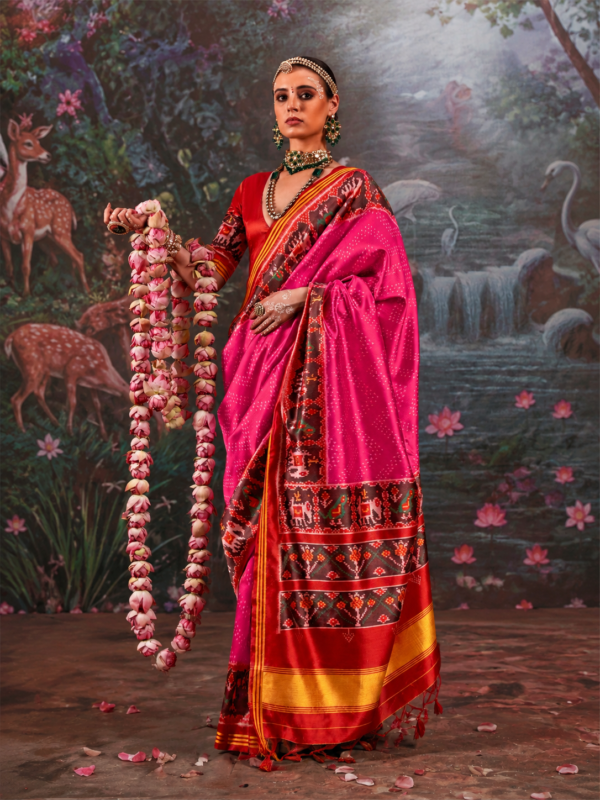 Rani Pink & Crimson Red Patola Silk Saree with Intricate Ikat Motifs