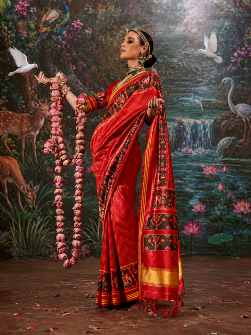 Scarlet Red Patola Silk Saree with Intricate Ikat Motifs
