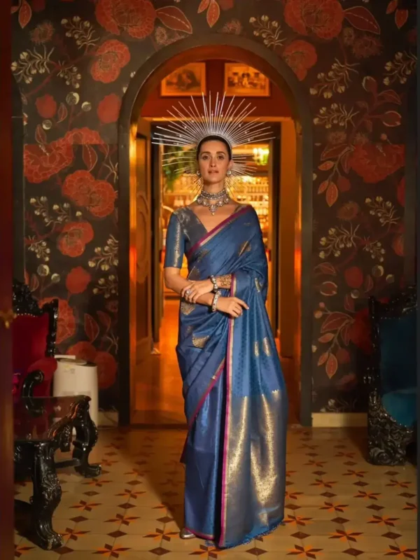 HANDWOVEN SILK - HEAVY BROCADE BLOUSE (3) Blue Handwoven Silk Saree with Heavy Brocade Blouse