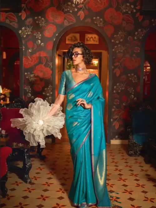 HANDWOVEN SILK - HEAVY BROCADE BLOUSE (5) Sky Blue Handwoven Silk Saree with Heavy Brocade Blouse