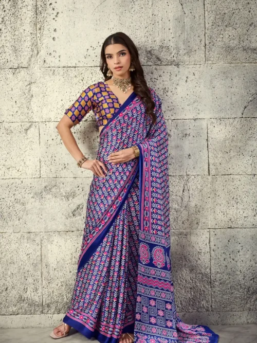 Blue & Pink Modal Silk Saree