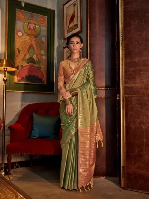Green Tussar Silk Saree with Contrast Ikkat Pallu & Blouse