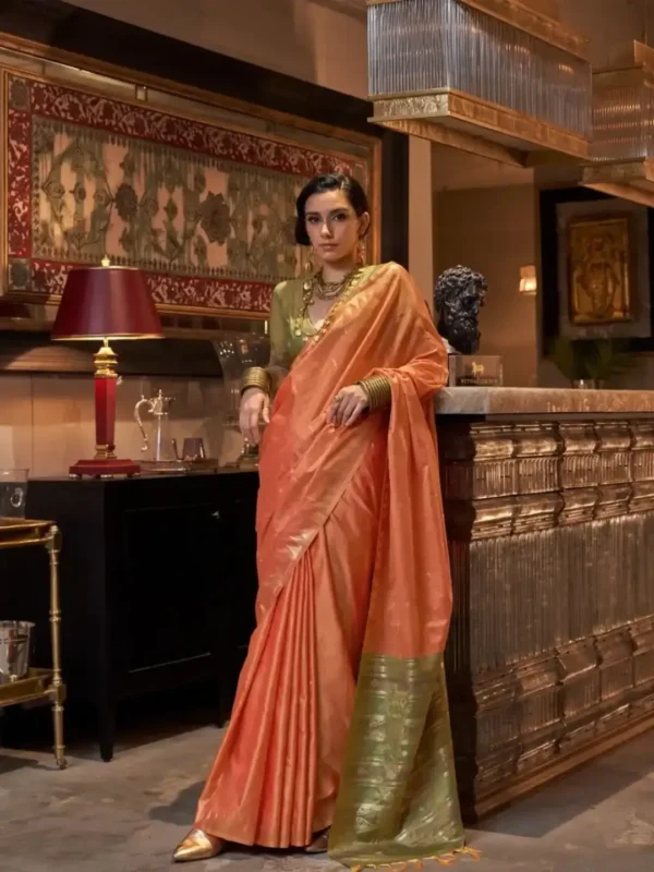 Orange Tussar Silk Saree with Contrast Ikkat Pallu & Blouse