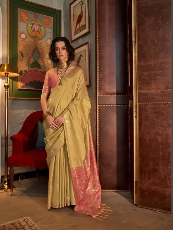 Yellow Tussar Silk Saree with Contrast Ikkat Pallu & Blouse
