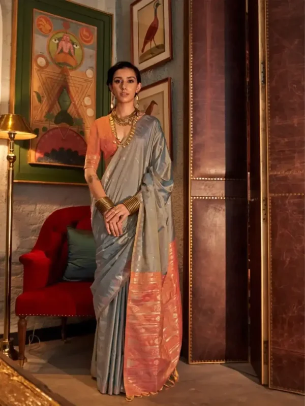 Slate Blue Tussar Silk Saree with Contrast Ikkat Pallu & Blouse
