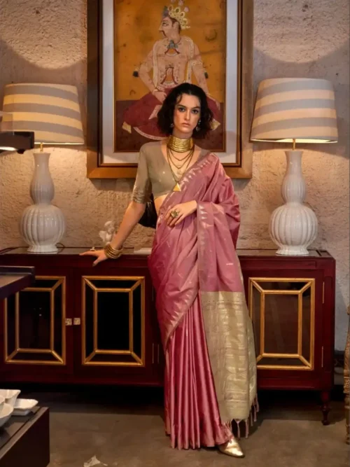 Pink Tussar Silk Saree with Contrast Ikkat Pallu & Blouse