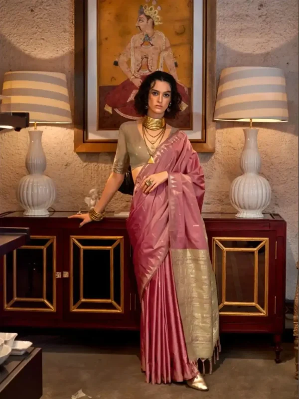 TUSSAR SILK SAREE - HANDLOOM WEAVING - CONTRAST IKKAT PALLU & BLOUSE (7)-1 Pink Tussar Silk Saree with Contrast Ikkat Pallu & Blouse