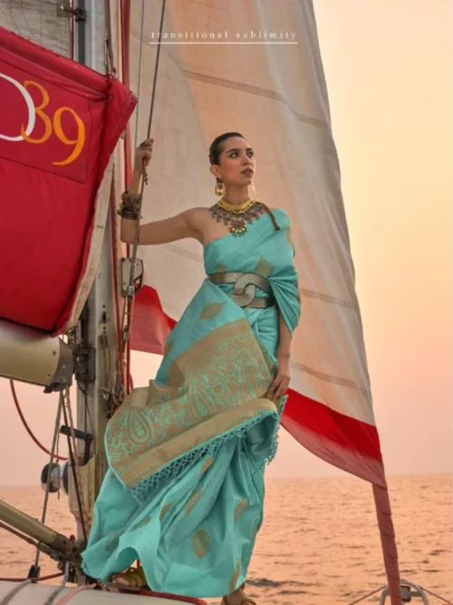 Sky Blue Two Tone Silk Satin Saree