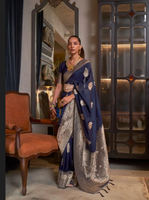 Untitled design (10) Dark Blue Pure Georgette Saree