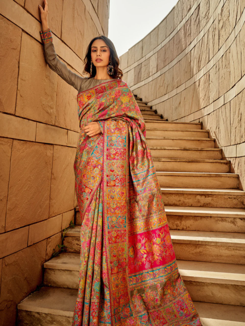 Brown Multicolor Kashmiri Saree