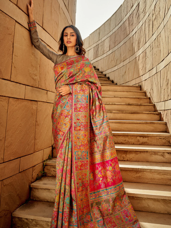 Brown Multicolor Kashmiri Saree