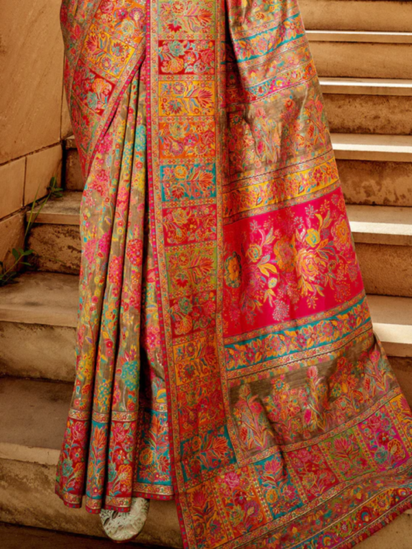 Brown Multicolor Kashmiri Saree