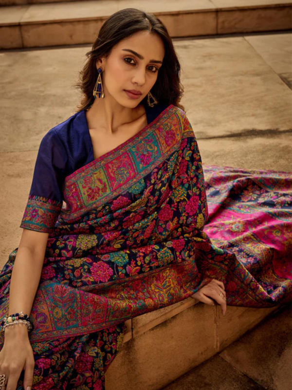 Blue Multicolor Kashmiri Saree