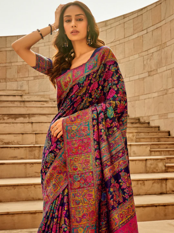 Blue Multicolor Kashmiri Saree