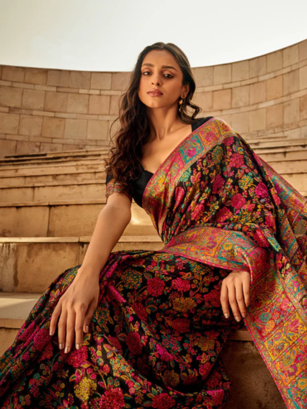 Black Multicolor Kashmiri Saree
