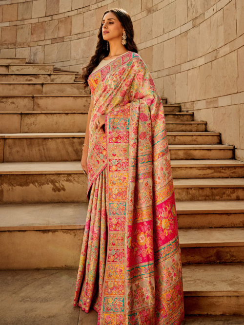 Cream Multicolor Kashmiri Saree