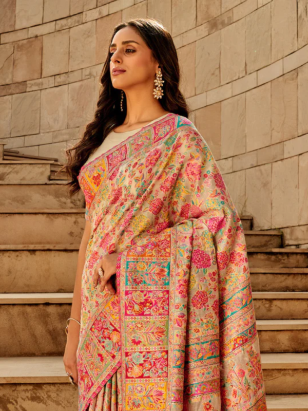 Cream Multi Colour Kashmiri Saree