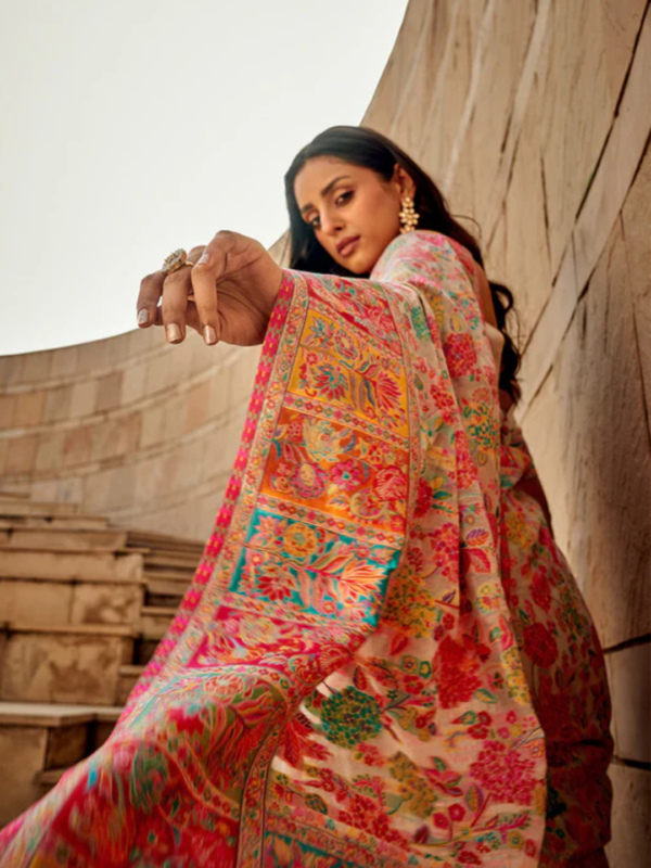 Cream Multi Colour Kashmiri Saree