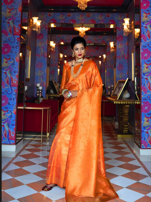 Orange Zari Handwoven Silk Saree Orange Zari Handwoven Silk Saree