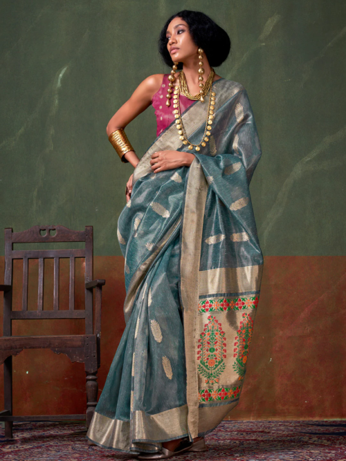 Slate Blue Tissue Paithani Saree