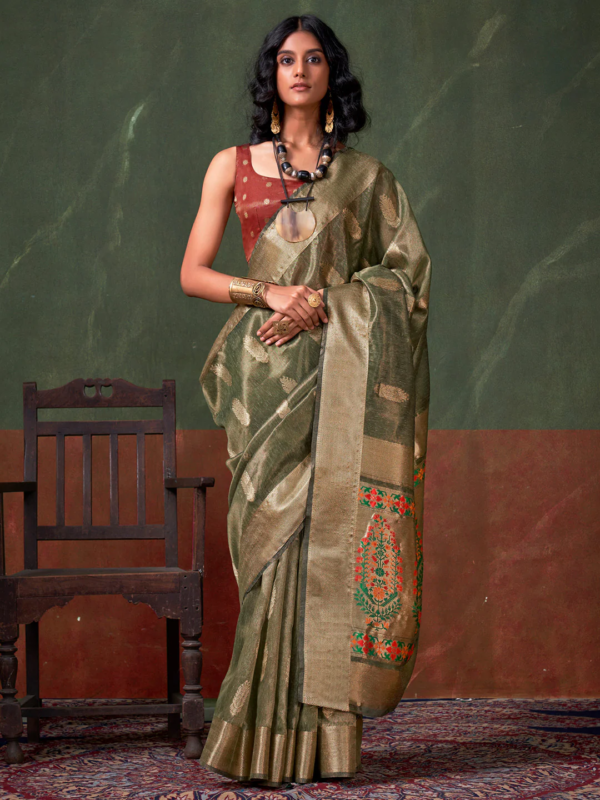 Olive Green Tissue Paithani Saree