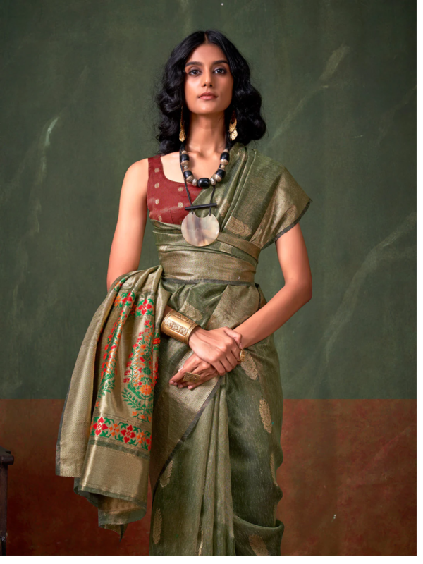 Olive Green Tissue Paithani Saree