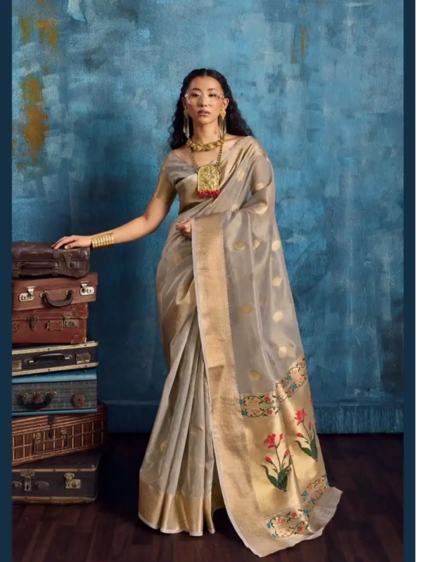 Slate Gray Tissue Paithani Saree Slate Gray Tissue Paithani Saree