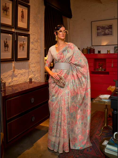 Nude Beige Floral Pashmina Saree