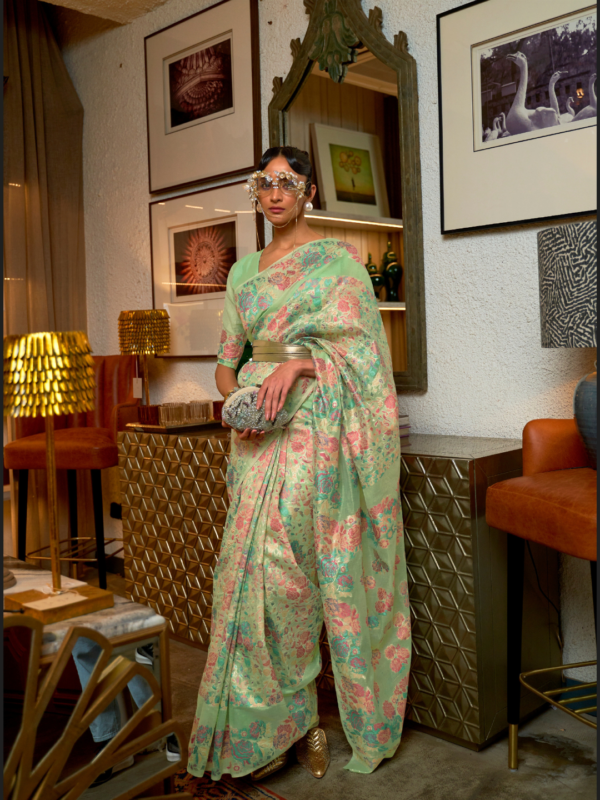 Sea Green Floral Pashmina Saree