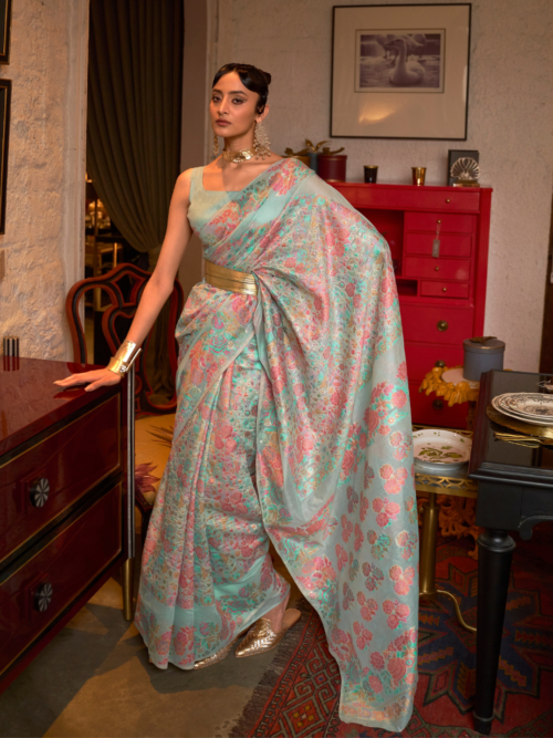 Sky Blue Floral Pashmina Saree