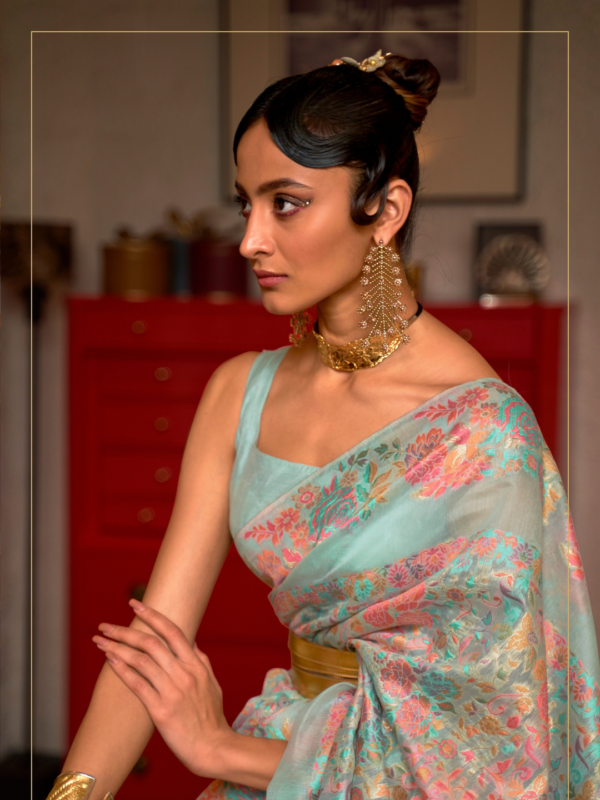 Sky Blue Floral Pashmina Saree Sky Blue Floral Pashmina Saree