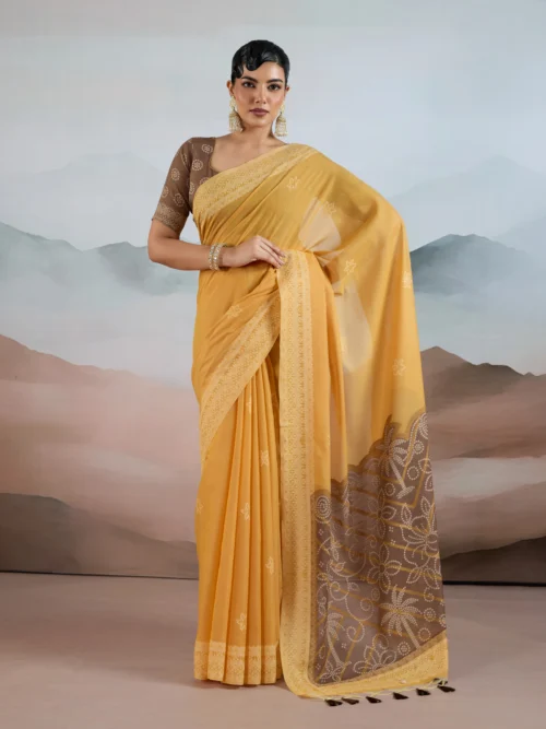 Yellow & Brown Cotton Saree