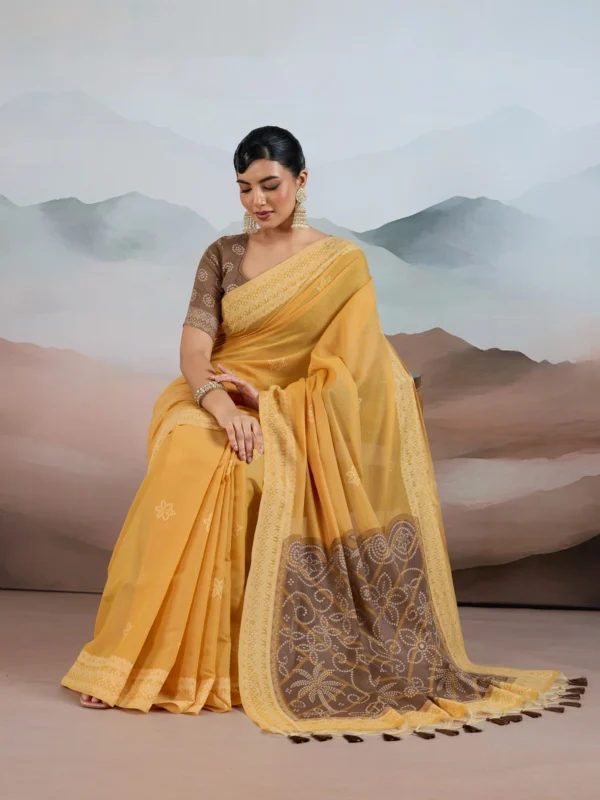 Yellow & Brown Cotton Saree