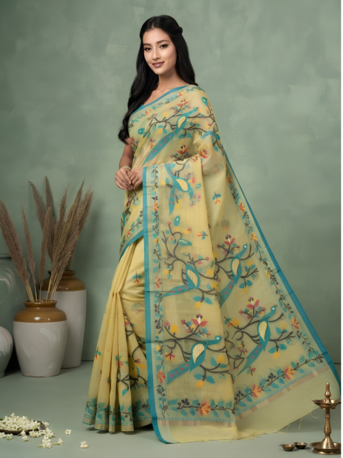 Yellow Blue Jamdani Saree