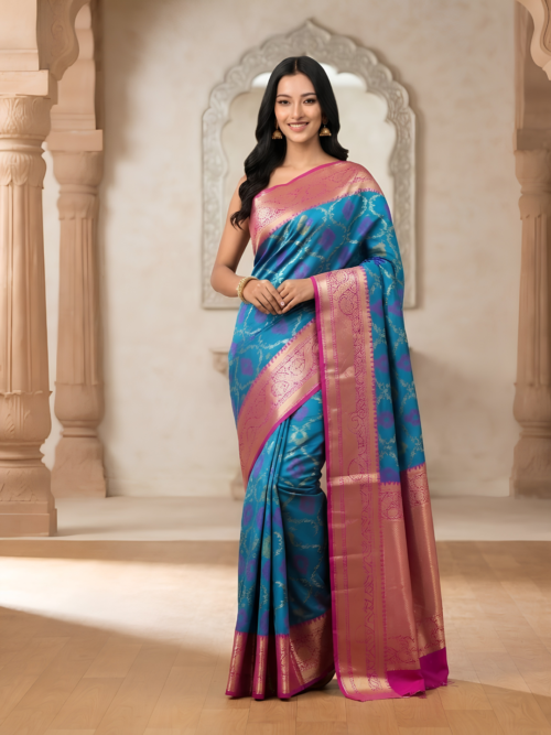 Blue Pink Ikkat Silk Saree