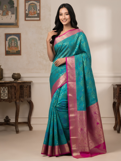 Green Pink Ikkat Silk Saree