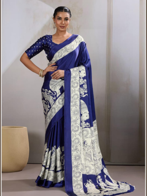 Blue Elephant Print Modal Silk Saree